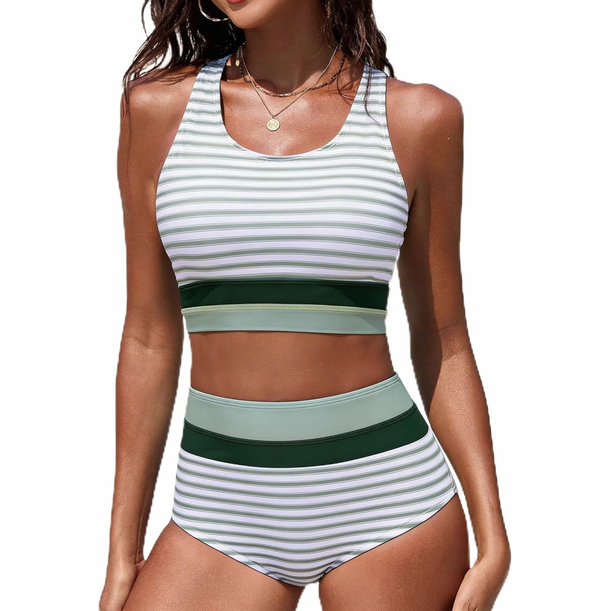 Women's High Waisted Bikini Sets Two Piece Swimsuit Color Block Sporty Athletic Moderate Coverage Bathing Suits