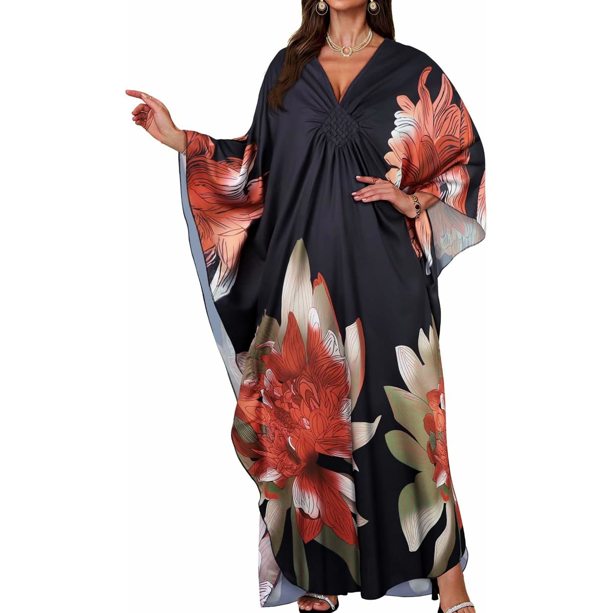 JILUVIN Kaftan Dresses for Women Plus Size V Neck Caftans Long Batwing Sleeve Beach Cover Ups Summer Floral Print Dress 