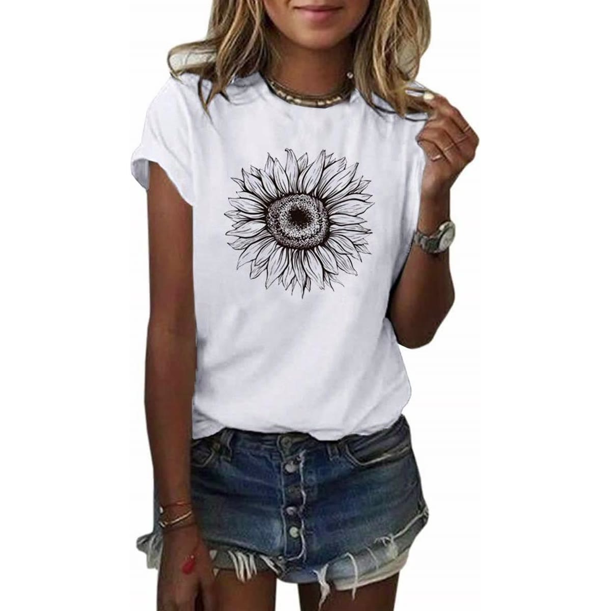 Cicy Bell Women's T Shirts Short Sleeve Tees Sunflower Graphic Loose Summer Tops