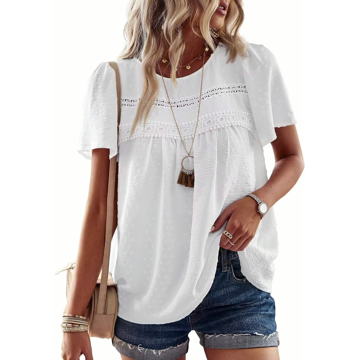 Falechay Womens Summer Tops Crewneck Short Sleeve Shirts Casual Chiffon Blouses Flowy Lace Hem Boho Clothing Trendy 2026