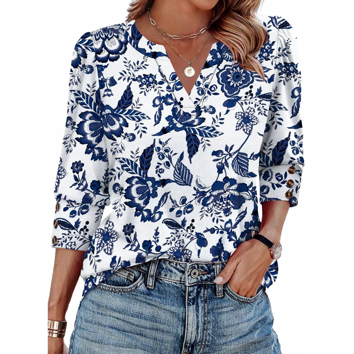 WIHOLL 3/4 Length Sleeve Womens Tops with Button Cuffs Dressy Casual V Neck Summer Outfits Early Fall Fashion Spring Clo