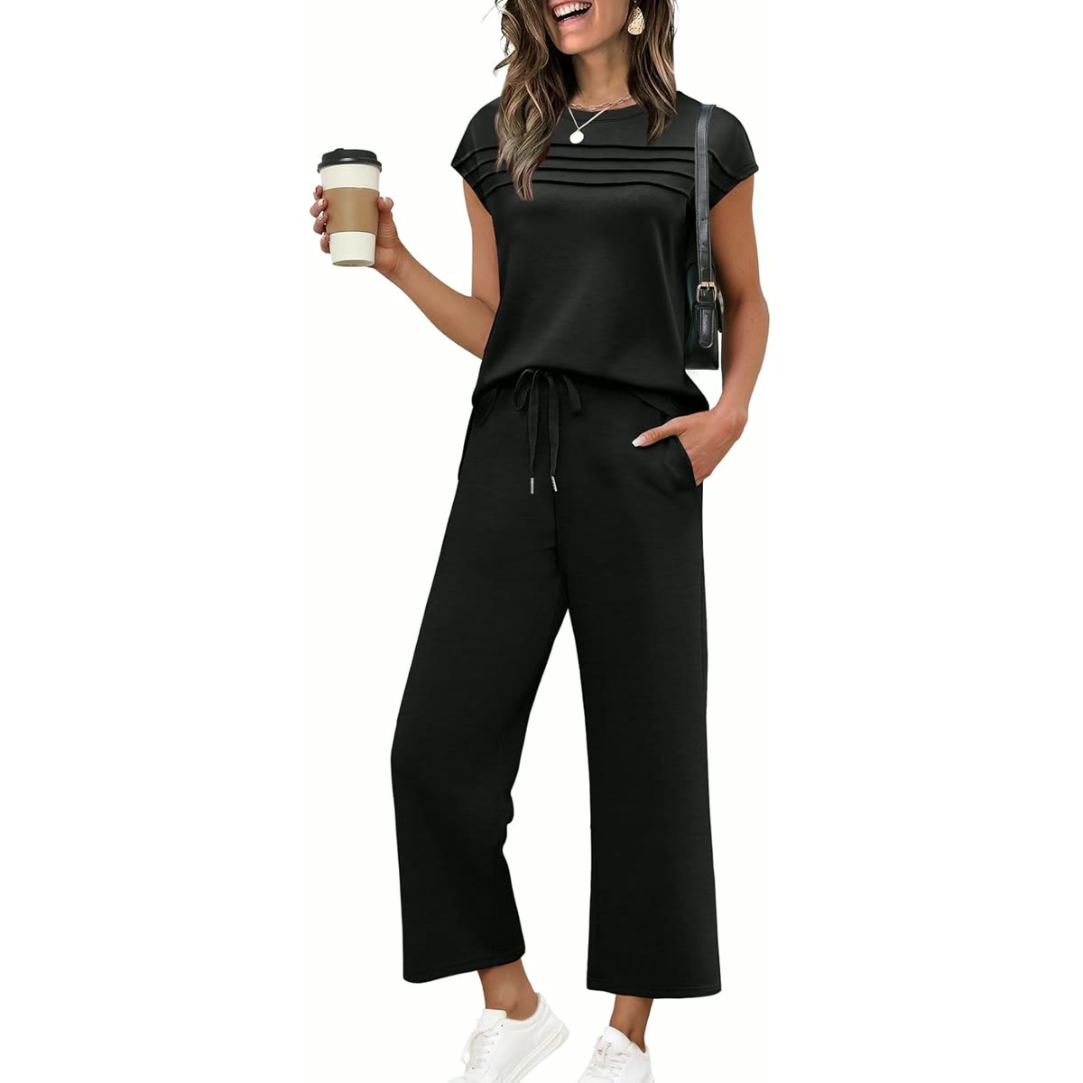 WIHOLL Two Piece Sets for Women Summer Spring Travel Vacation Outfits Cap Sleeve Lounge Matching Sets Wide Leg Pants S-3
