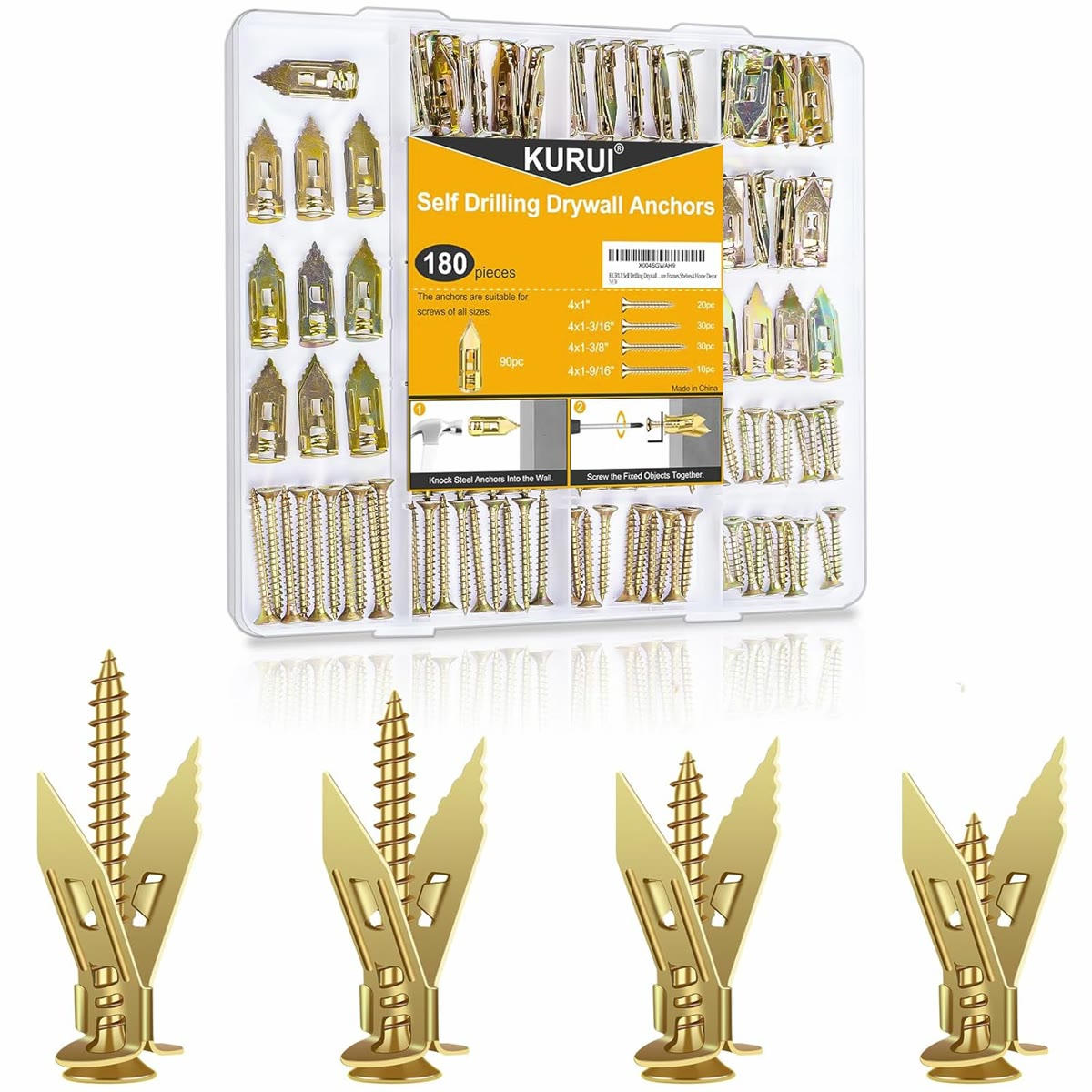KURUI 180Pcs Self Drilling Drywall Anchors with Screws Kit, Fixion Tools Metal & Heavy Duty Grip for Wall, Sheetrock, Ex